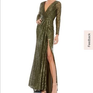 Mac Duggal long Sleeve Faux Wrap Sequined Gown